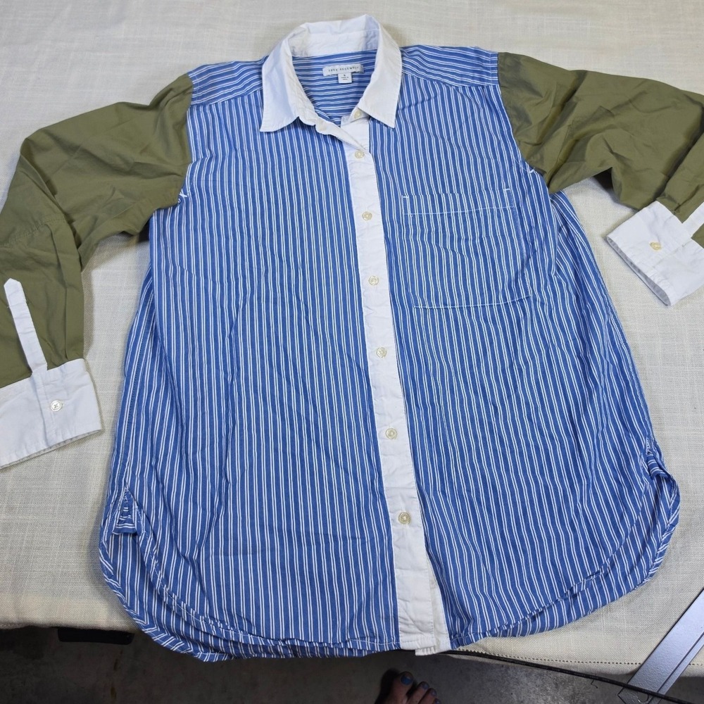 Free Assembly Womens Blue Striped Olive Green Colorblock Button Down Shirt Small